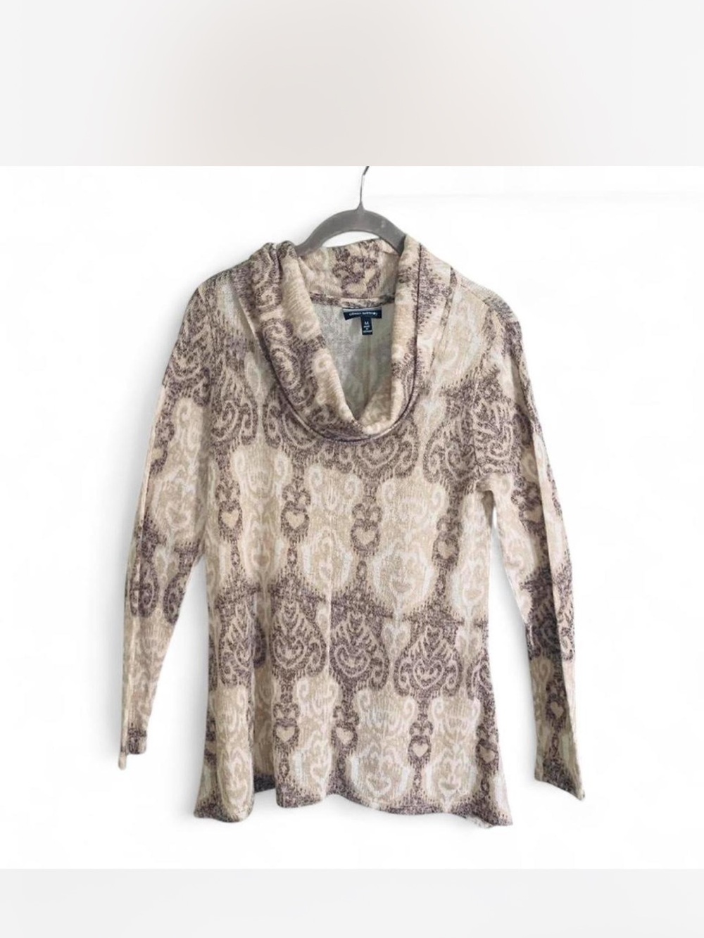 Allison Brittney Neutral Patterned Cowl Neck Sweater - Cream and Brown size M